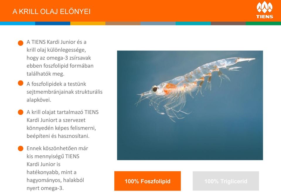 A krill olajat tartalmazó TIENS Kardi Juniort a szervezet könnyedén képes felismerni, beépíteni és hasznosítani.