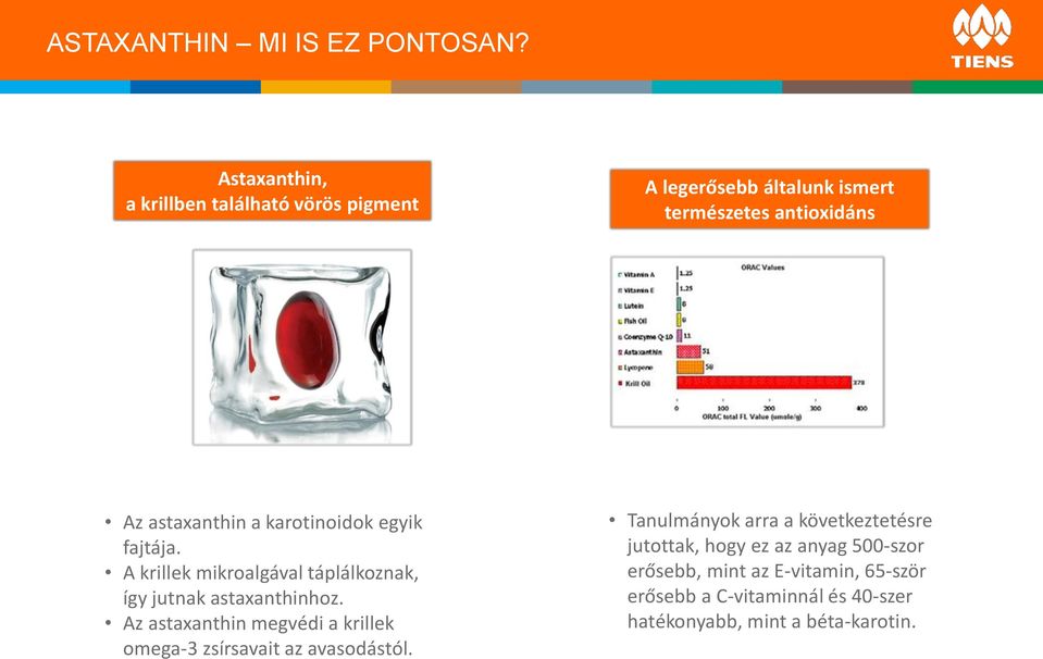 karotinoidok egyik fajtája. A krillek mikroalgával táplálkoznak, így jutnak astaxanthinhoz.