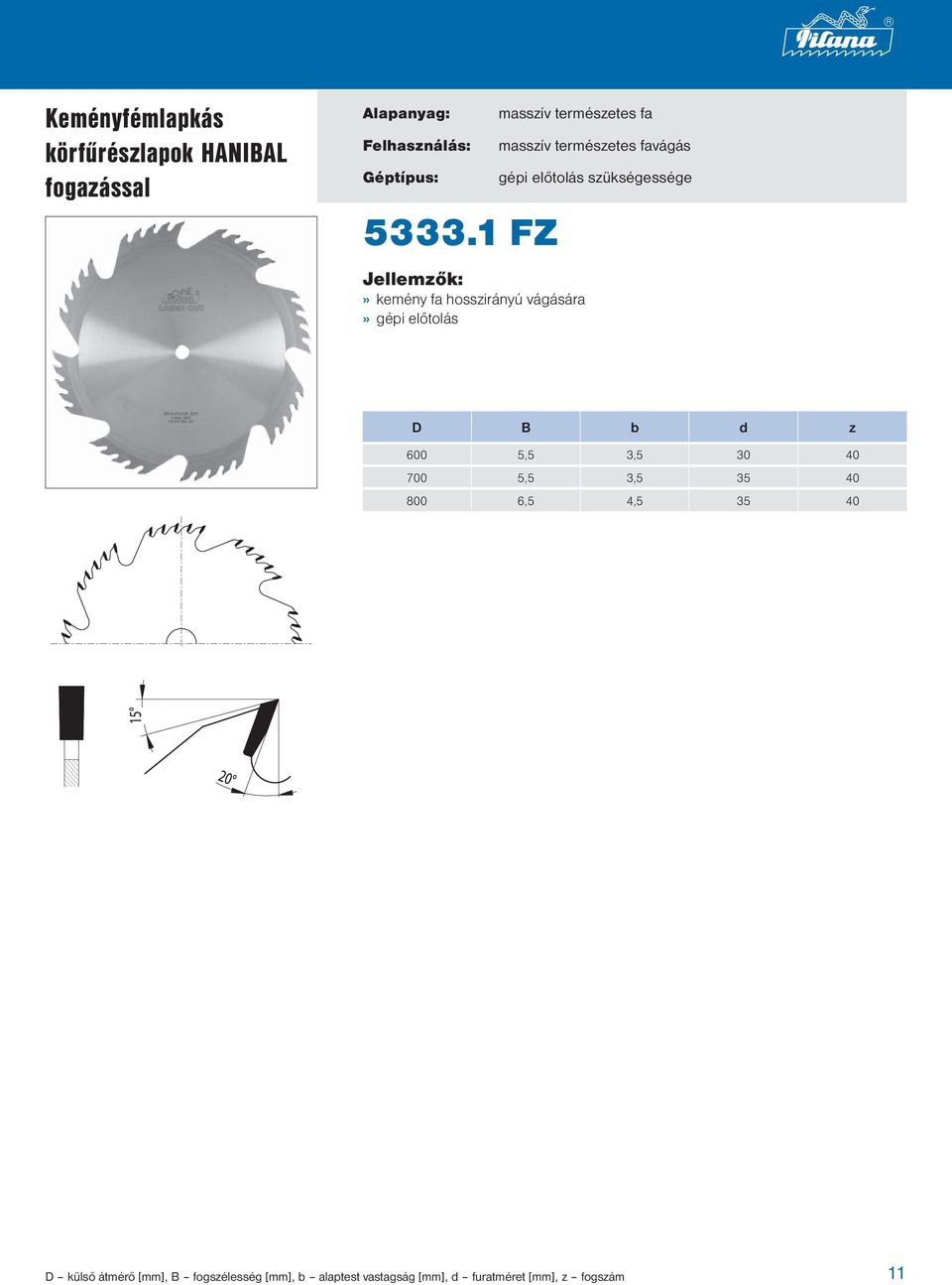 favágás gépi előtolás szükségessége D B b d z 600 5,5 3,5 30 40 700 5,5 3,5 35 40 800 6,5 4,5 35