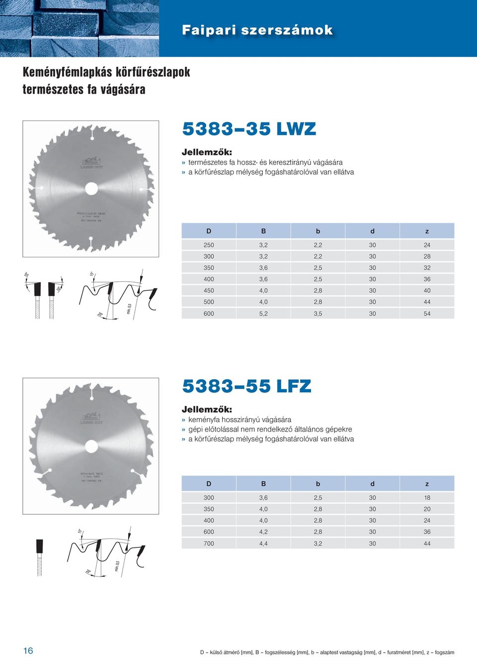5383 55 LFZ» keményfa hosszirányú vágására» gépi előtolással nem rendelkező általános gépekre» a körfűrészlap mélység fogáshatárolóval van ellátva D B b d z 300 3,6
