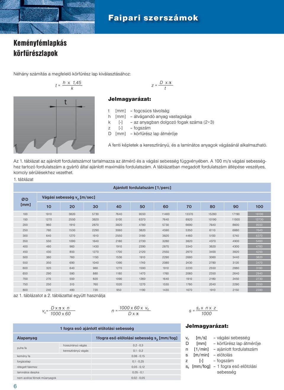 táblázat az ajánlott fordulatszámot tartalmazza az átmérő és a vágási sebesség függvényében. A 100 m/s vágási sebességhez tartozó fordulatszám a gyártó által ajánlott maximális fordulatszám.