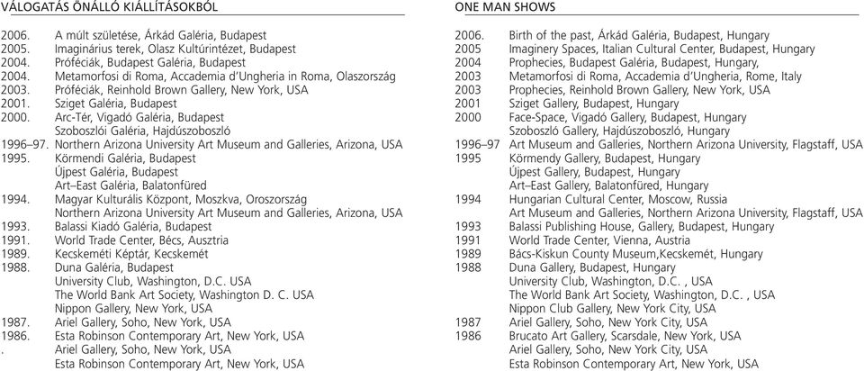 Arc-Tér, Vigadó Galéria, Budapest Szoboszlói Galéria, Hajdúszoboszló 1996 97. Northern Arizona University Art Museum and Galleries, Arizona, USA 1995.