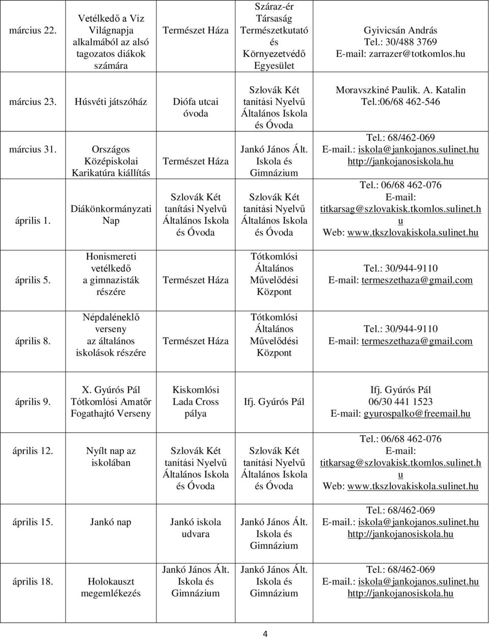 :06/68 462-546 április 5. Honismereti vetélkedő a gimnazisták részére április 8. Népdaléneklő verseny az általános iskolások részére április 9. X.