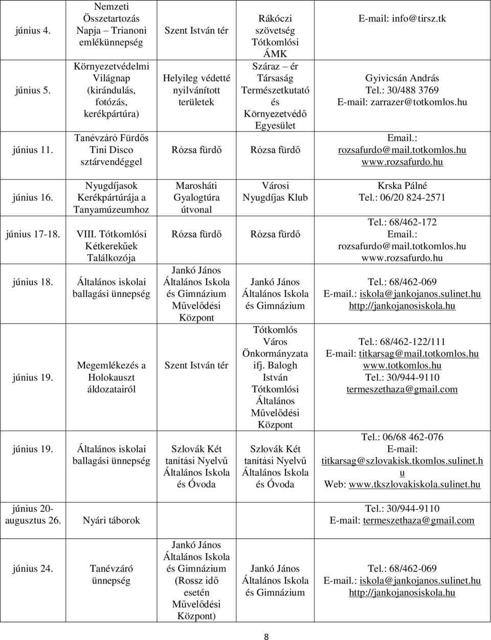 nyilvánított területek Rákóczi szövetség ÁMK Száraz ér Társaság Természetktató és Környezetvédő info@tirsz.tk Gyivicsán András Tel.: 30/488 3769 zarrazer@totkomlos.h júnis 16. júnis 17-18. júnis 18.