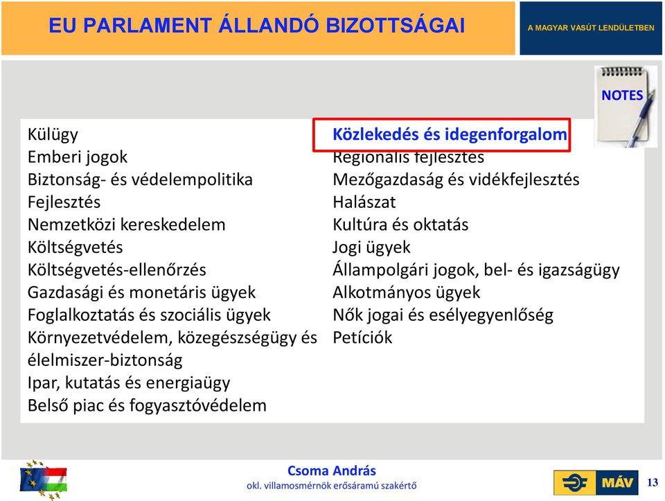 élelmiszer-biztonság Ipar, kutatás és energiaügy Belső piac és fogyasztóvédelem Közlekedés és idegenforgalom Regionális fejlesztés