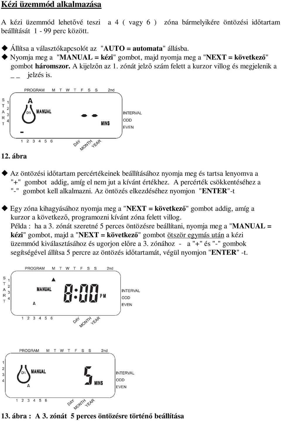 ábra u Az öntözési időtartam percértékeinek beállításához nyomja meg és tartsa lenyomva a "+" gombot addig, amíg el nem jut a kívánt értékhez. A percérték csökkentéséhez a "-" gombot kell alkalmazni.