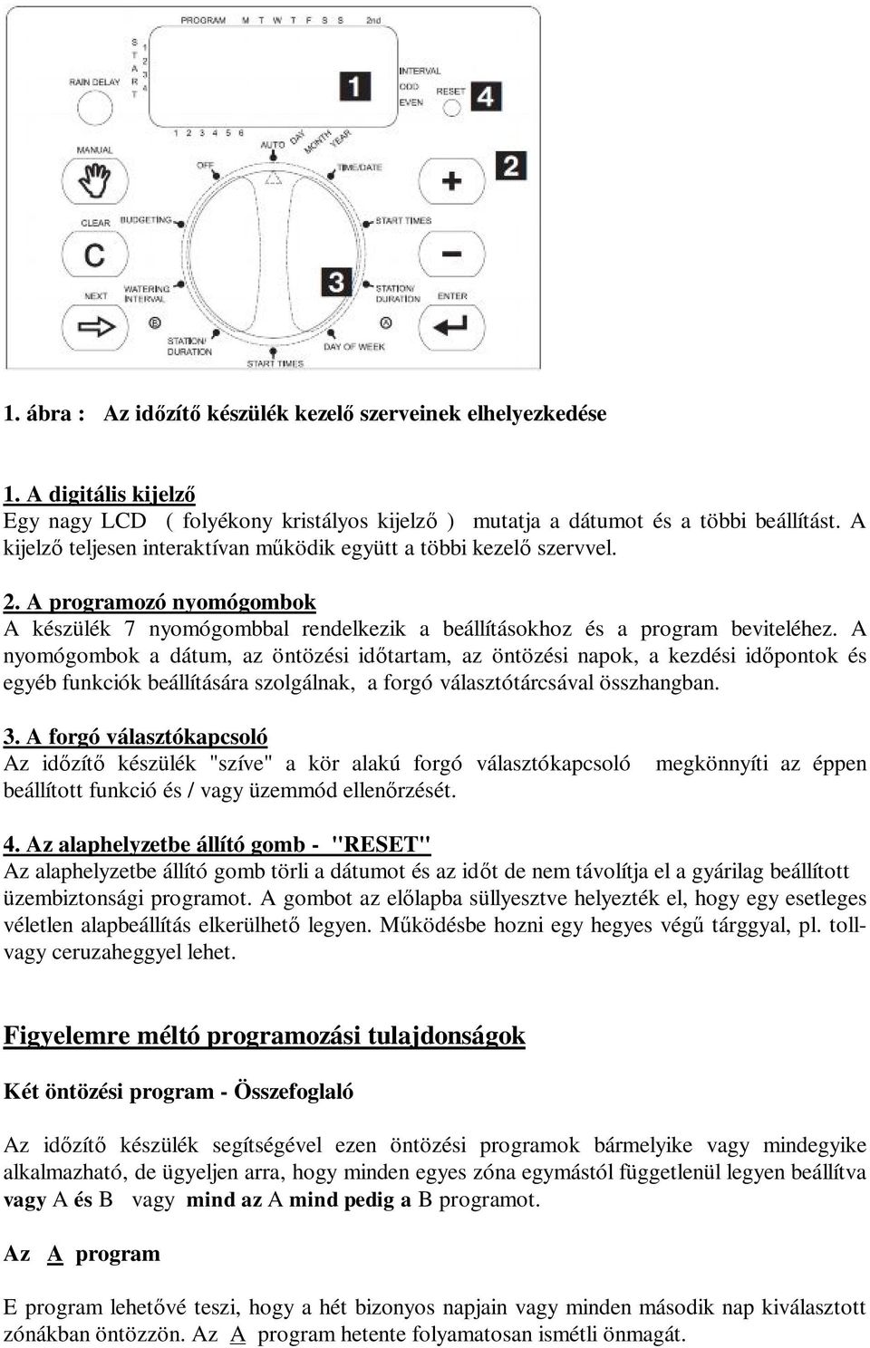 A nyomógombok a dátum, az öntözési időtartam, az öntözési napok, a kezdési időpontok és egyéb funkciók beállítására szolgálnak, a forgó választótárcsával összhangban. 3.