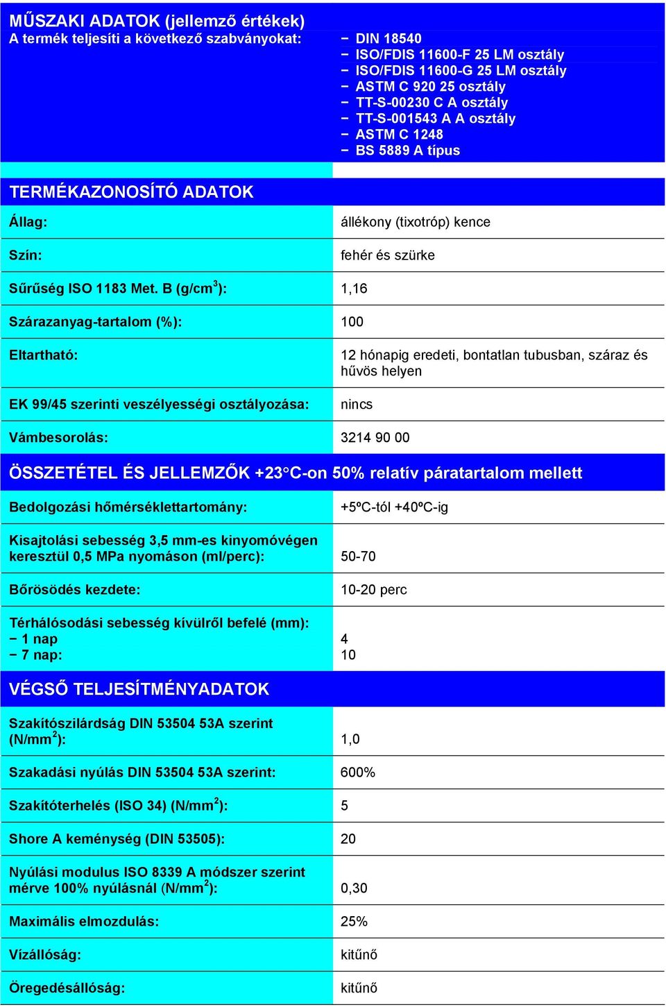 B (g/cm 3 ): 1,16 Szárazanyag-tartalom (%): 100 Eltartható: EK 99/45 szerinti veszélyességi osztályozása: 12 hónapig eredeti, bontatlan tubusban, száraz és hűvös helyen nincs Vámbesorolás: 3214 90 00