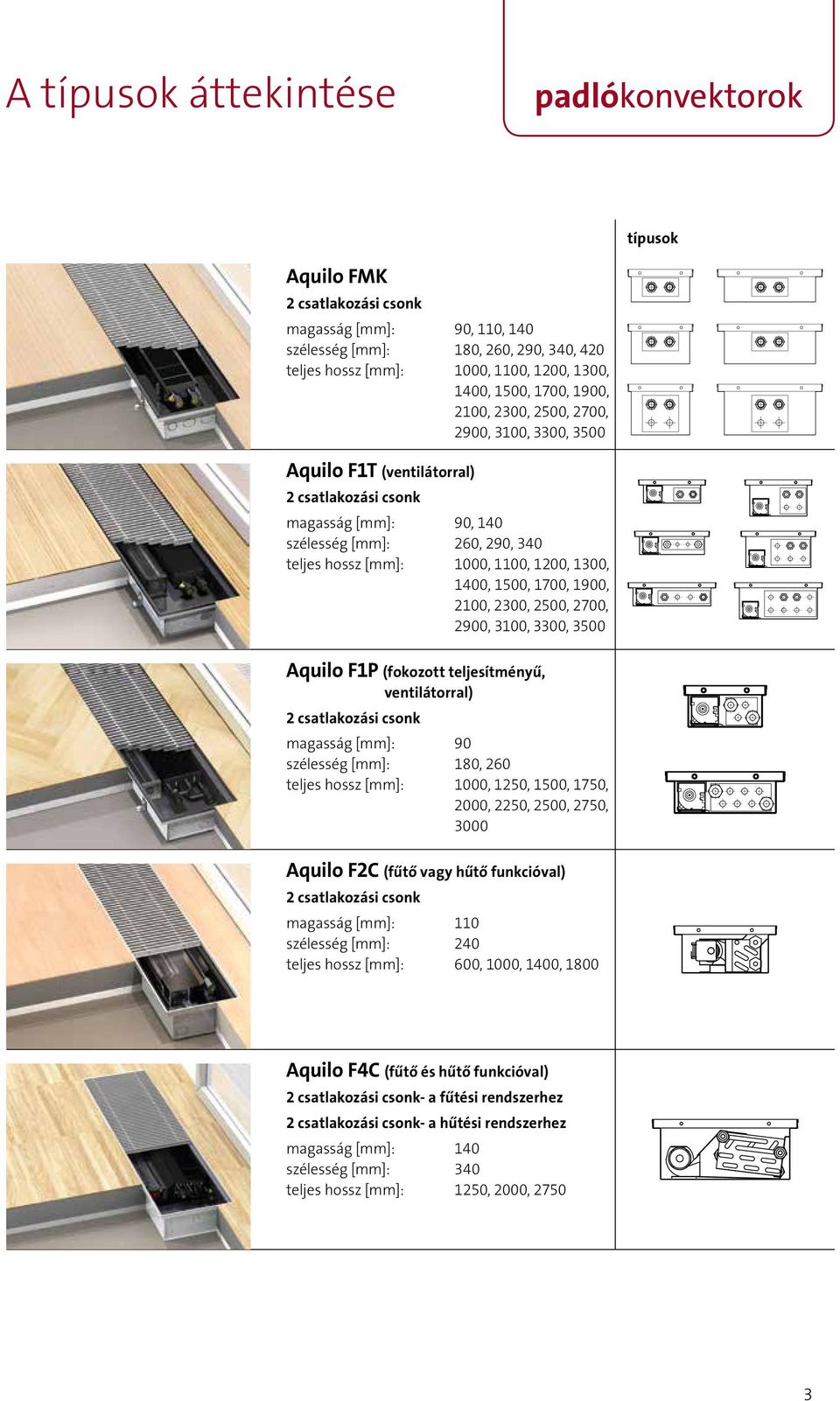 1200, 1300, 1400, 1500, 1700, 1900, 2100, 2300, 2500, 2700, 2900, 3100, 3300, 3500 Aquilo F1P (fokozott teljesítményű, ventilátorral) 2 csatlakozási csonk magasság [mm]: 90 szélesség [mm]: 180, 260