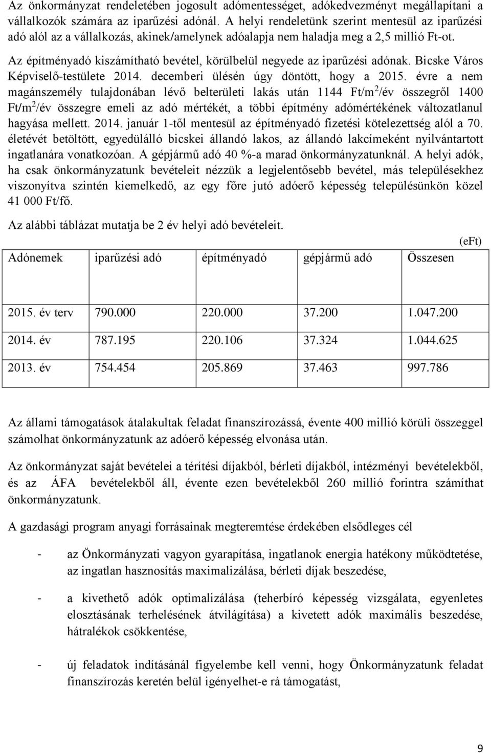 Az építményadó kiszámítható bevétel, körülbelül negyede az iparűzési adónak. Bicske Város Képviselő-testülete 2014. decemberi ülésén úgy döntött, hogy a 2015.