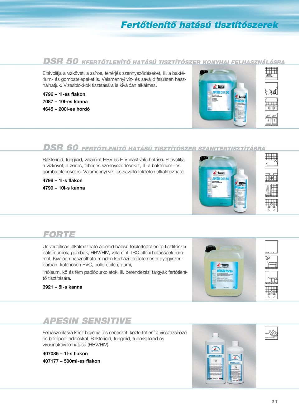 4796 1l-es flakon 7087 10l-es kanna 4645 200l-es hordó DSR 60 FERTŐTLENÍTŐ HATÁSÚ TISZTÍTÓSZER SZANITERTISZTÍTÁSRA Baktericid, fungicid, valamint HBV és HIV inaktiváló hatású.