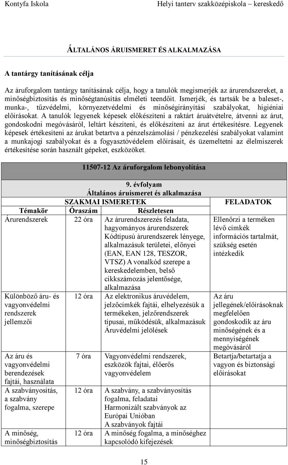 A tanulók legyenek képesek előkészíteni a raktárt áruátvételre, átvenni az árut, gondoskodni megóvásáról, leltárt készíteni, és előkészíteni az árut értékesítésre.