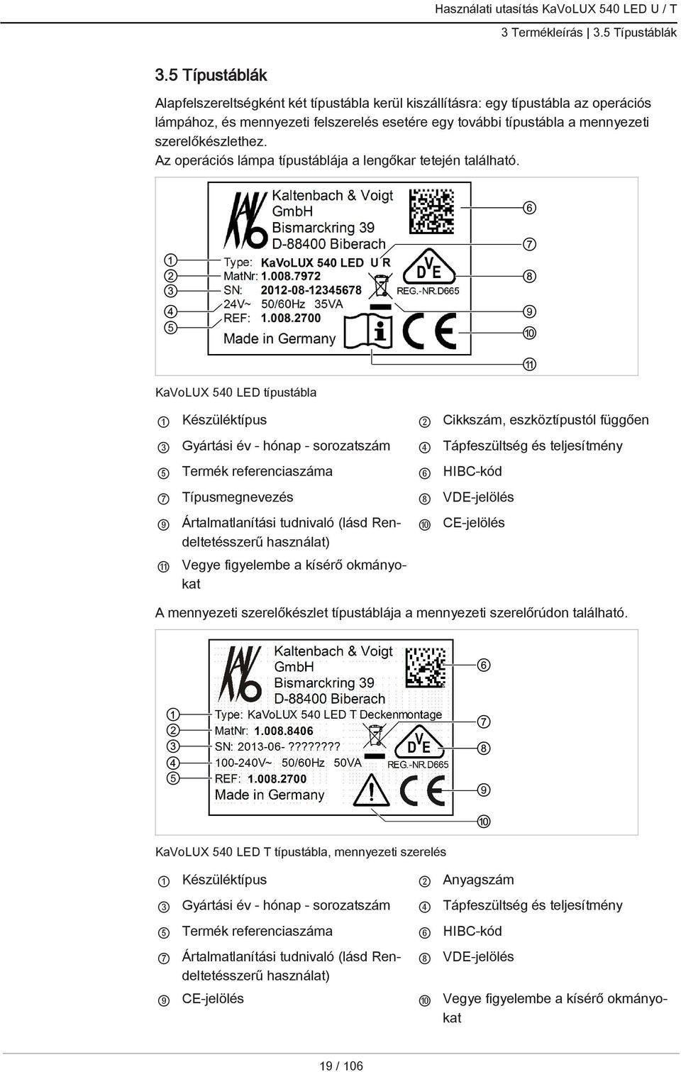 Az operációs lámpa típustáblája a lengőkar tetején található.