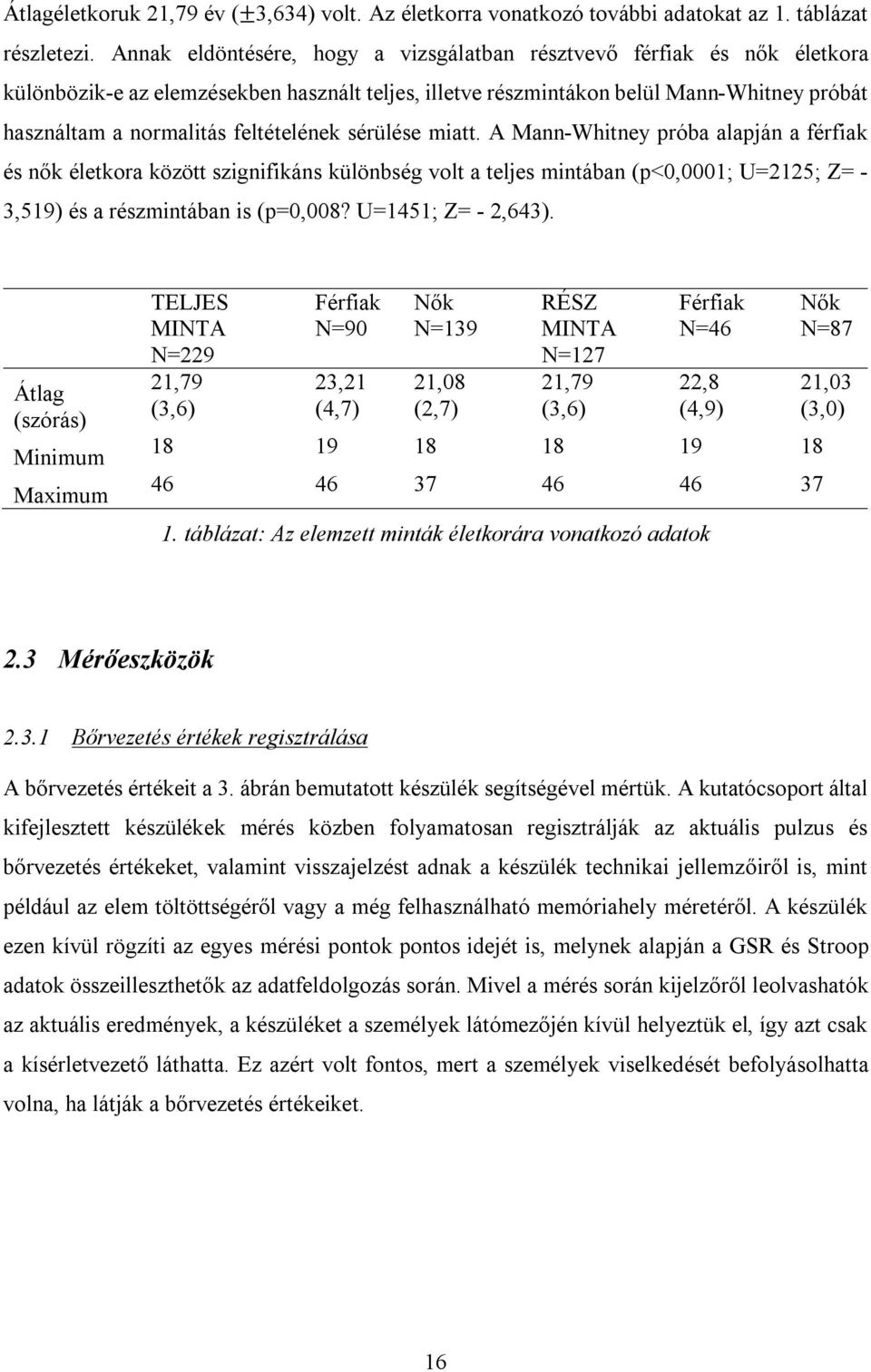 feltételének sérülése miatt. A Mann-Whitney próba alapján a férfiak és nők életkora között szignifikáns különbség volt a teljes mintában (p<0,0001; U=2125; Z= - 3,519) és a részmintában is (p=0,008?