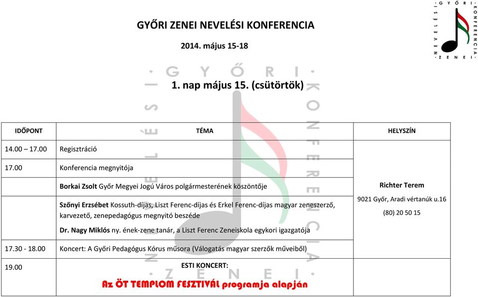 Ferenc-díjas magyar zeneszerző, karvezető, zenepedagógus megnyitó beszéde Richter Terem 9021 Győr, Aradi vértanúk u.16 (80) 20 50 15 Dr. Nagy Miklós ny.