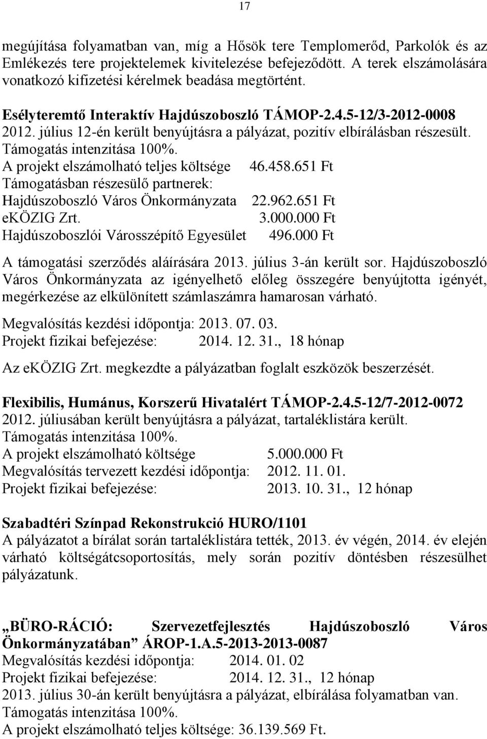 július 12-én került benyújtásra a pályázat, pozitív elbírálásban részesült. Támogatás intenzitása 100%. A projekt elszámolható teljes költsége 46.458.