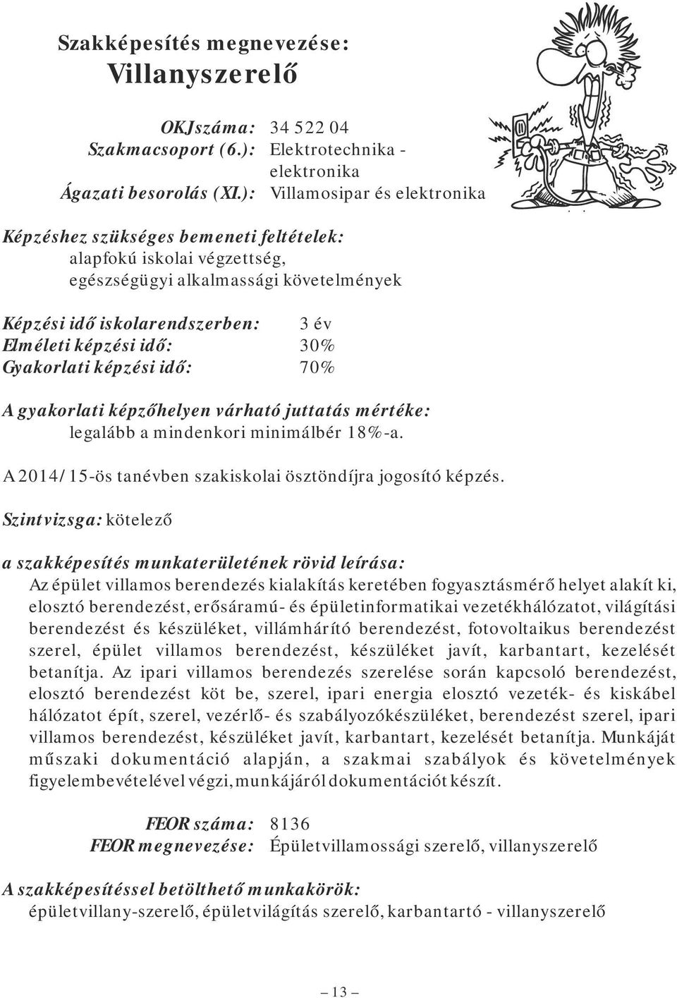 30% Gyakorlati képzési idő: 70% A gyakorlati képzőhelyen várható juttatás mértéke: legalább a mindenkori minimálbér 18%-a. A 2014/15-ös tanévben szakiskolai ösztöndíjra jogosító képzés.