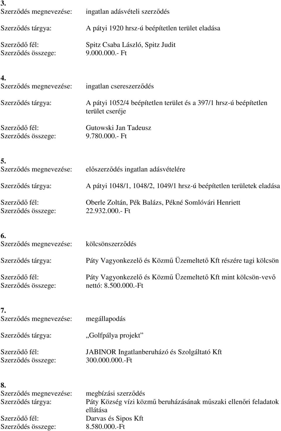 előszerződés ingatlan adásvételére A pátyi 1048/1, 1048/2, 1049/1 hrsz-ú beépítetlen területek eladása Oberle Zoltán, Pék Balázs, Pékné Somlóvári Henriett 22.932.000.- Ft 6.