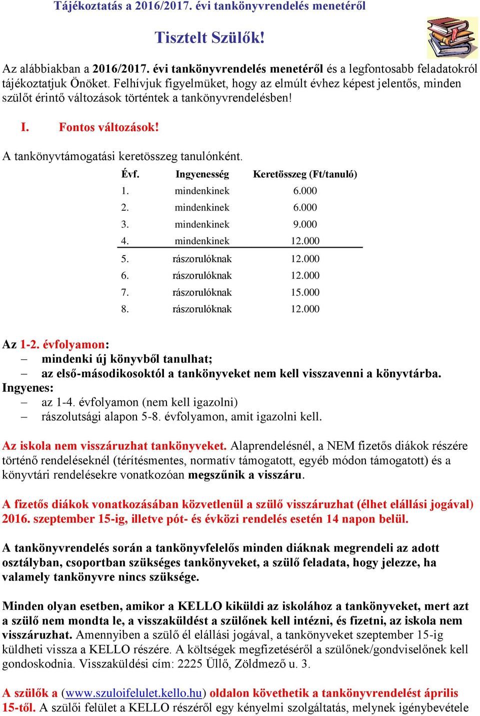 Ingyenesség Keretösszeg (Ft/tanuló) 1. mindenkinek 6.000 2. mindenkinek 6.000 3. mindenkinek 9.000 4. mindenkinek 12.000 5. rászorulóknak 12.000 6. rászorulóknak 12.000 7. rászorulóknak 15.000 8.