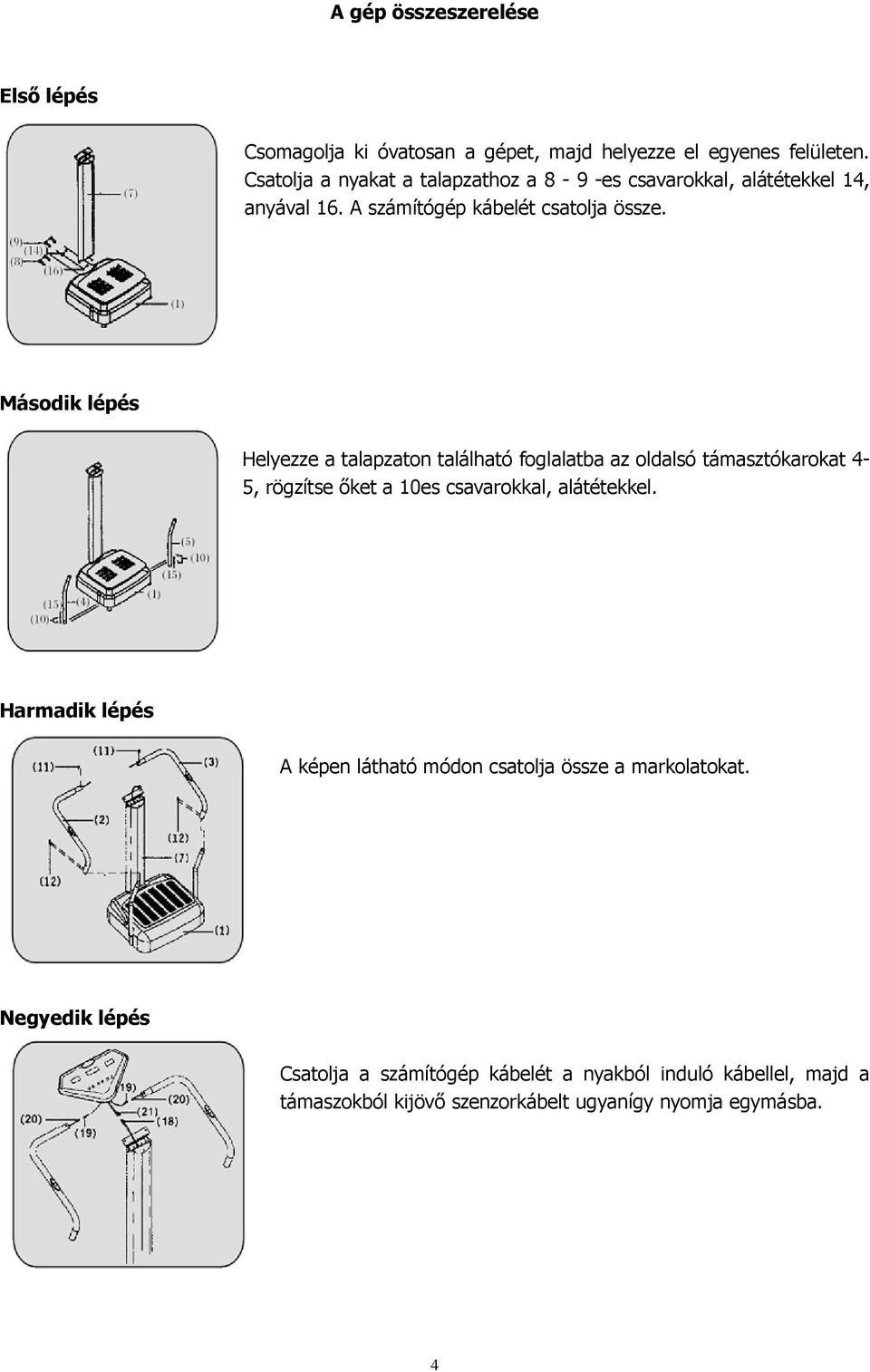 Második lépés Helyezze a talapzaton található foglalatba az oldalsó támasztókarokat 4-5, rögzítse őket a 10es csavarokkal, alátétekkel.