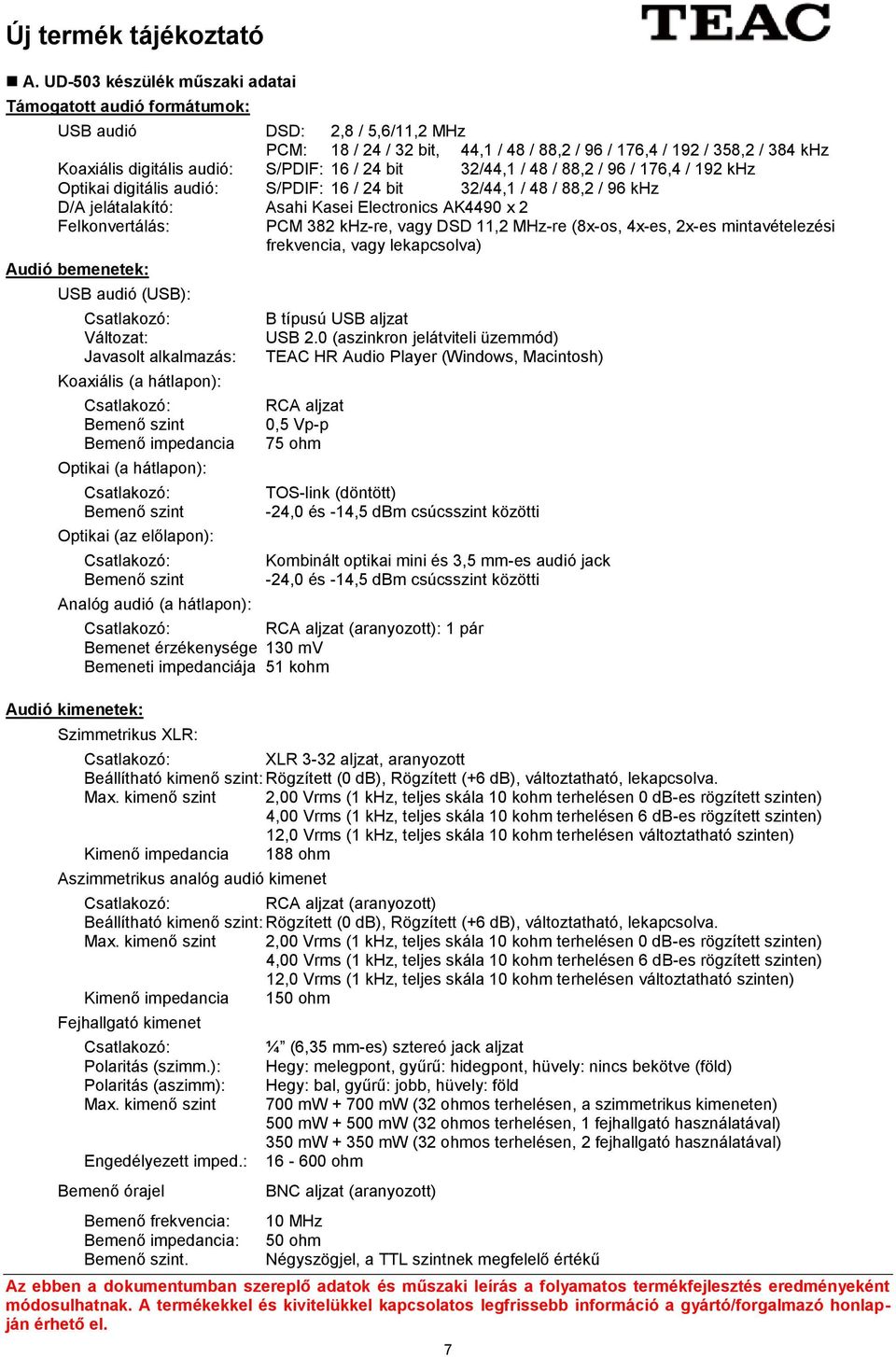 Felkonvertálás: PCM 382 khz-re, vagy DSD 11,2 MHz-re (8x-os, 4x-es, 2x-es mintavételezési frekvencia, vagy lekapcsolva) Audió bemenetek: USB audió (USB): Változat: Javasolt alkalmazás: Koaxiális (a