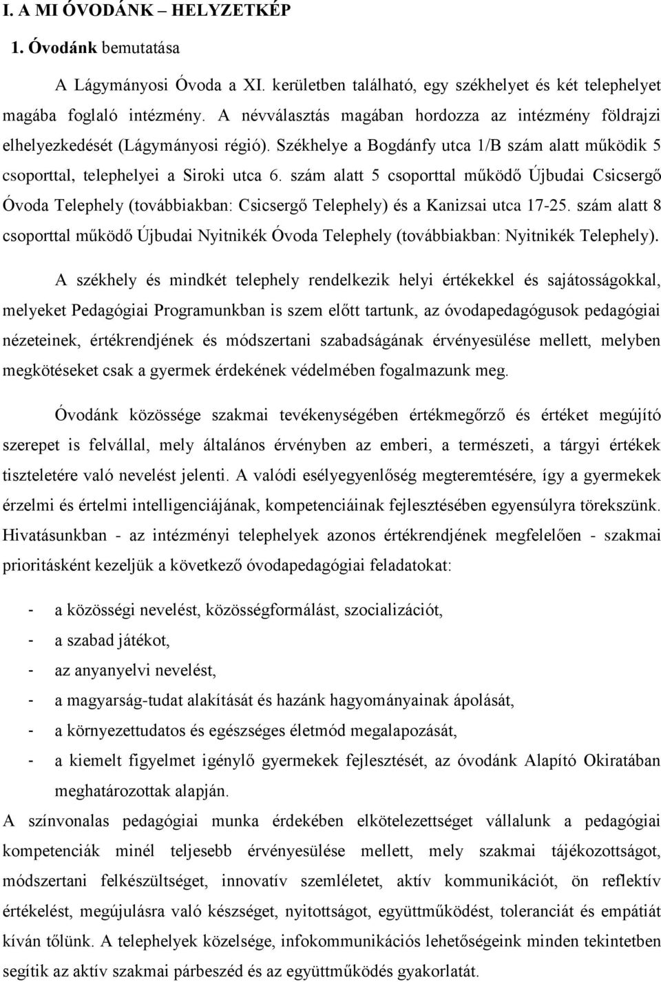 szám alatt 5 csoporttal működő Újbudai Csicsergő Óvoda Telephely (továbbiakban: Csicsergő Telephely) és a Kanizsai utca 17-25.