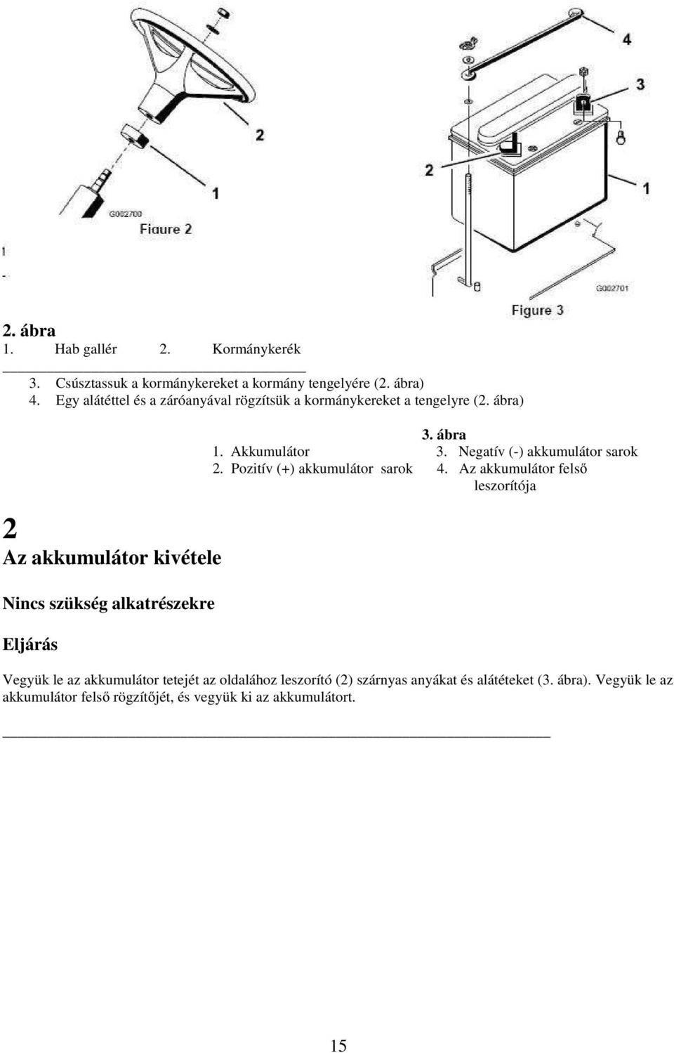 ábra) 2 Az akkumulátor kivétele Nincs szükség alkatrészekre Eljárás 3. ábra 1. Akkumulátor 3. Negatív (-) akkumulátor sarok 2.