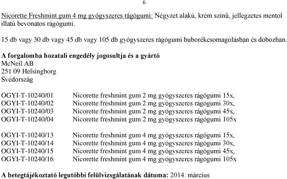 A forgalomba hozatali engedély jogosultja és a gyártó McNeil AB 251 09 Helsingborg Svédország OGYI-T-10240/01 Nicorette freshmint gum 2 mg gyógyszeres rágógumi 15x, OGYI-T-10240/02 Nicorette