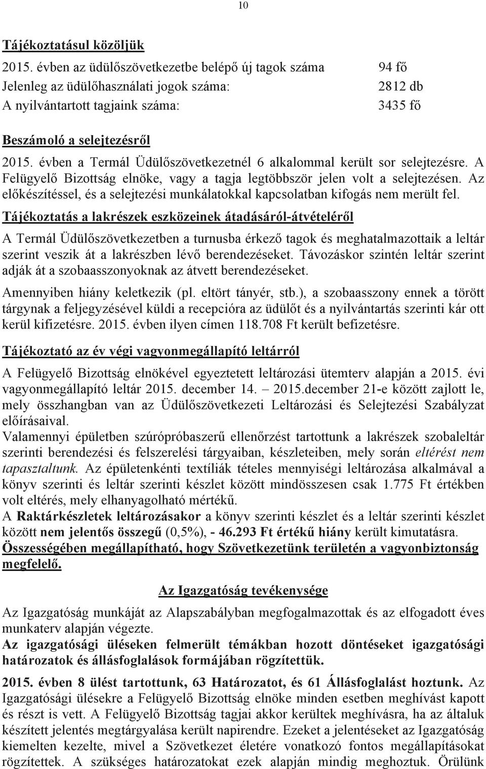 évben a Termál Üdülőszövetkezetnél 6 alkalommal került sor selejtezésre. A Felügyelő Bizottság elnöke, vagy a tagja legtöbbször jelen volt a selejtezésen.