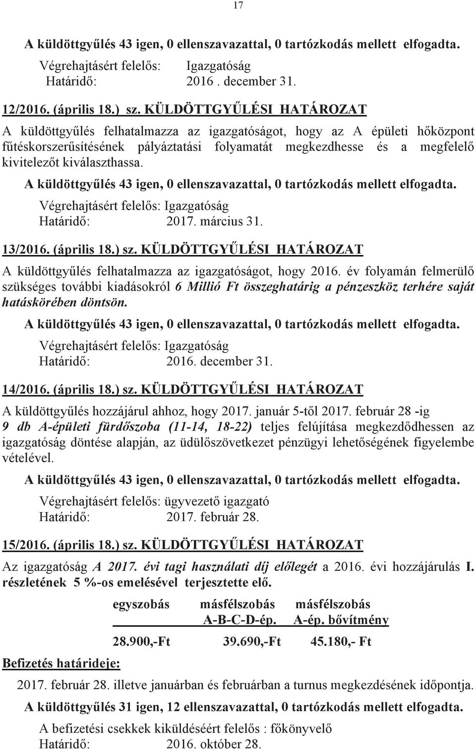 kiválaszthassa. A küldöttgyűlés 43 igen, 0 ellenszavazattal, 0 tartózkodás mellett elfogadta. Végrehajtásért felelős: Igazgatóság Határidő: 2017. március 31. 13/2016. (április 18.) sz.