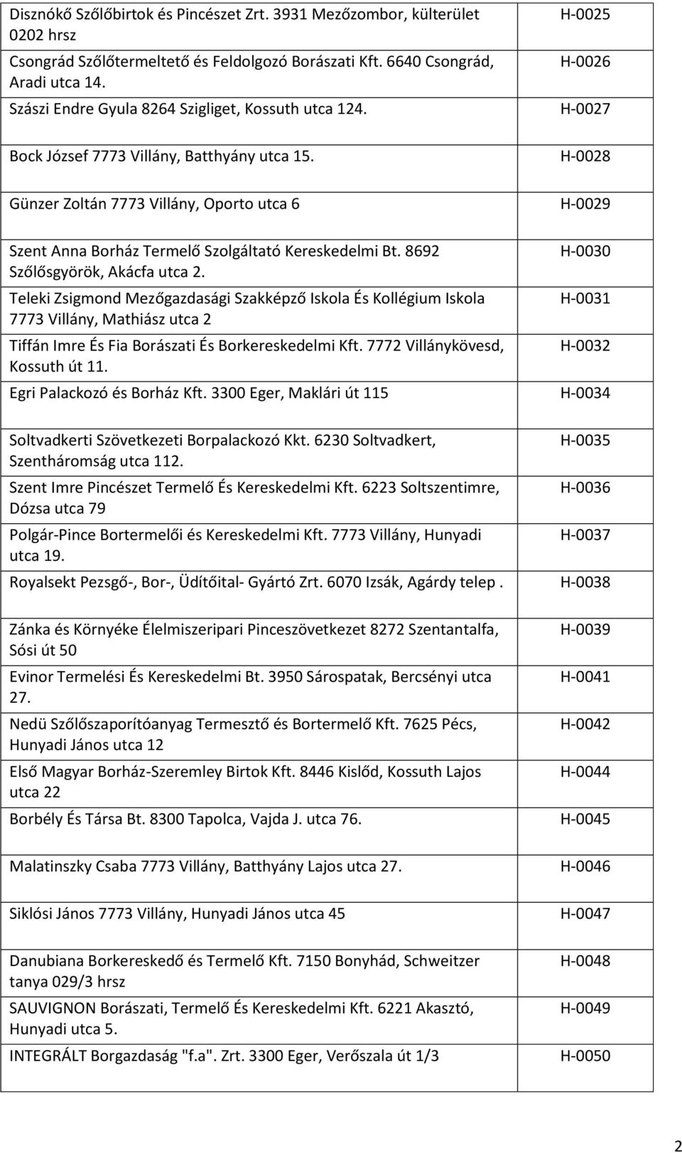 H-0028 Günzer Zoltán 7773 Villány, Oporto utca 6 H-0029 Szent Anna Borház Termelő Szolgáltató Kereskedelmi Bt. 8692 Szőlősgyörök, Akácfa utca 2.