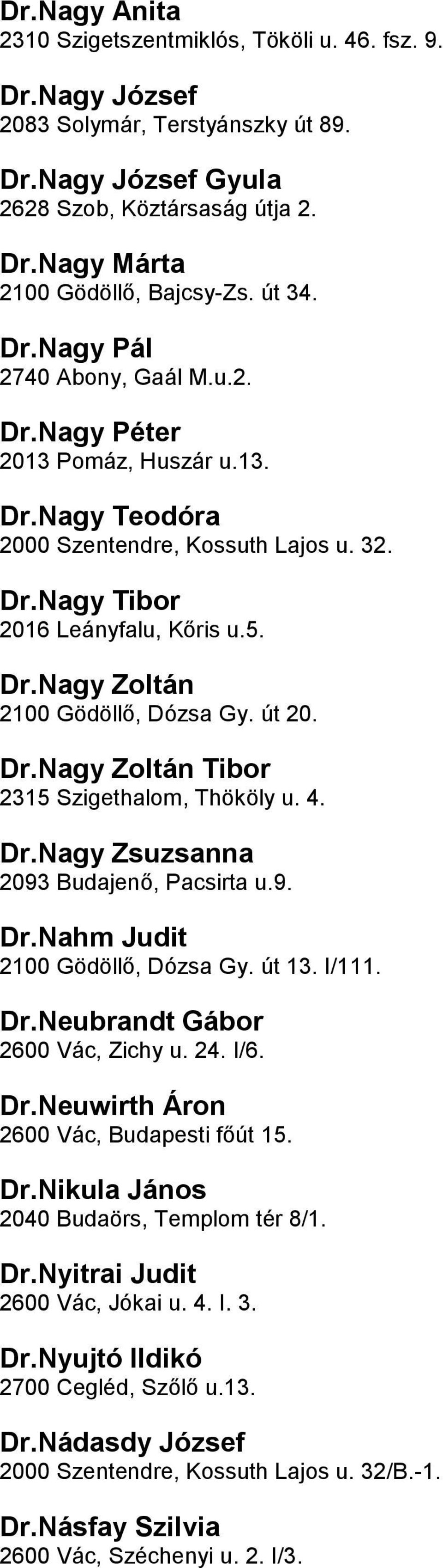 DrNagy Zoltán Tibor 2315 Szigethalom, Thököly u 4 DrNagy Zsuzsanna 2093 Budajenő, Pacsirta u9 DrNahm Judit 2100 Gödöllő, Dózsa Gy út 13 I/111 DrNeubrandt Gábor 2600 Vác, Zichy u 24 I/6 DrNeuwirth