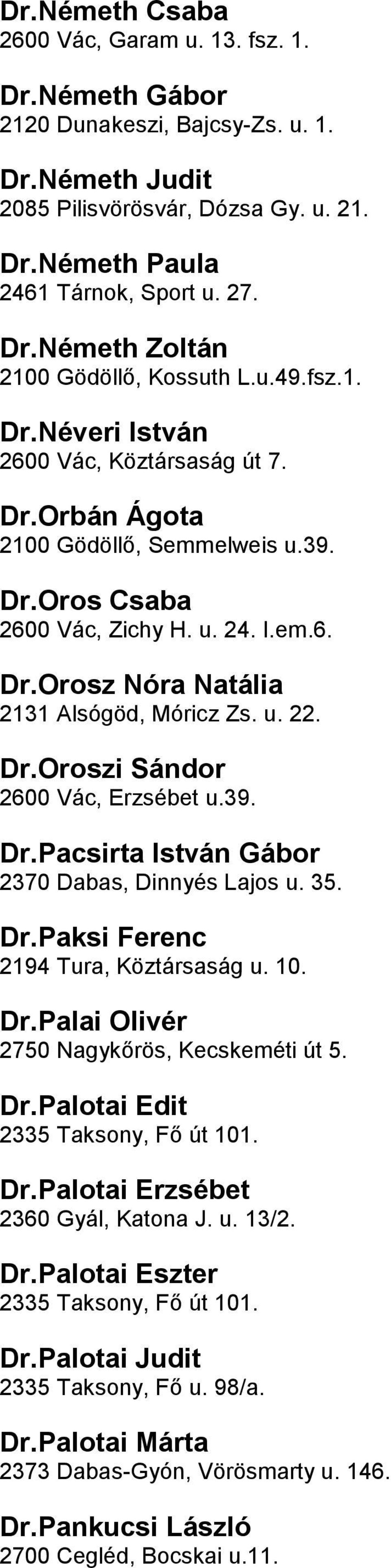 22 DrOroszi Sándor 2600 Vác, Erzsébet u39 DrPacsirta István Gábor 2370 Dabas, Dinnyés Lajos u 35 DrPaksi Ferenc 2194 Tura, Köztársaság u 10 DrPalai Olivér 2750 Nagykőrös, Kecskeméti út 5 DrPalotai