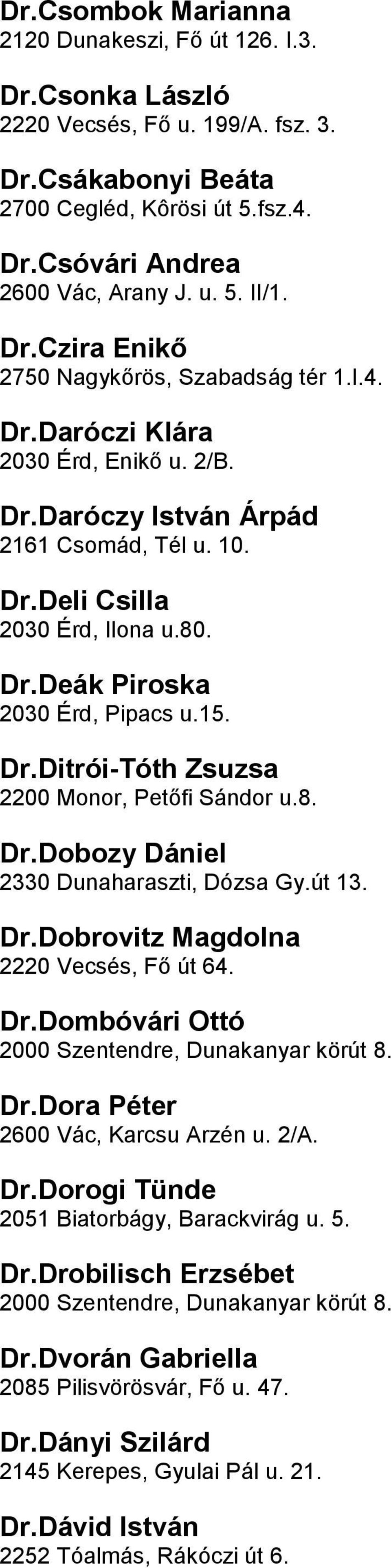 DrDitrói-Tóth Zsuzsa 2200 Monor, Petőfi Sándor u8 DrDobozy Dániel 2330 Dunaharaszti, Dózsa Gyút 13 DrDobrovitz Magdolna 2220 Vecsés, Fő út 64 DrDombóvári Ottó 2000 Szentendre, Dunakanyar körút 8