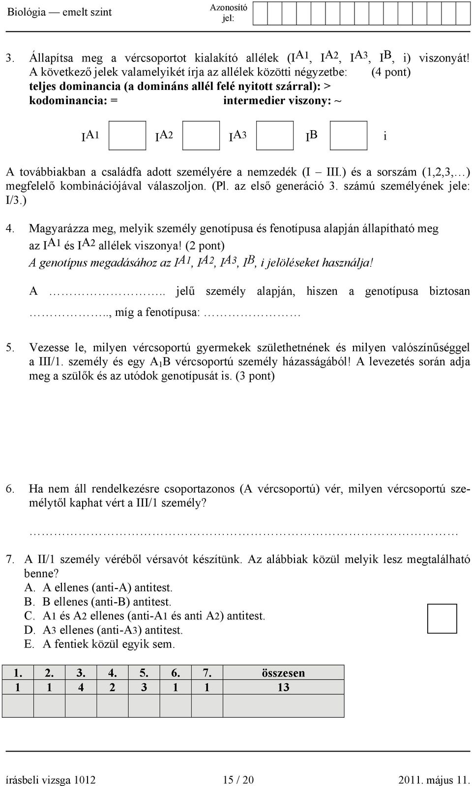 továbbiakban a családfa adott személyére a nemzedék (I III.) és a sorszám (1,2,3, ) megfelelő kombinációjával válaszoljon. (Pl. az első generáció 3. számú személyének jele: I/3.) 4.