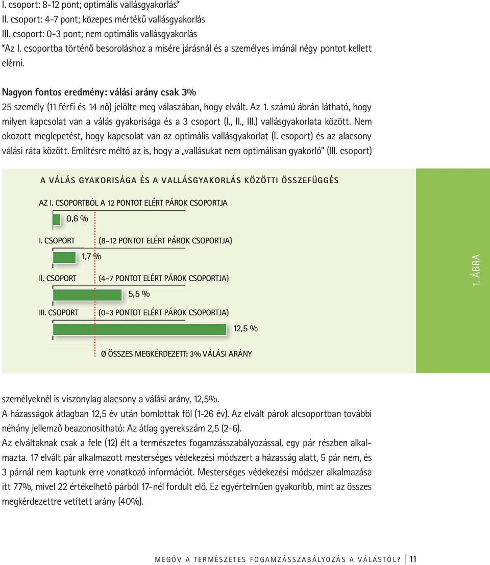 Nagyon fontos eredmény: válási arány csak 3% 25 személy (11 férfi és 14 nő) jelölte meg válaszában, hogy elvált. Az 1.