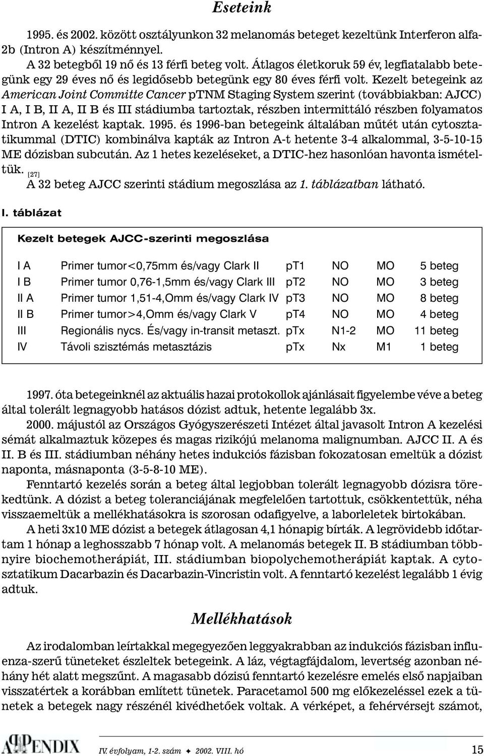 Kezelt betegeink az American Joint Committe Cancer ptnm Staging System szerint (továbbiakban: AJCC) I A, I B, II A, II B és III stádiumba tartoztak, részben intermittáló részben folyamatos Intron A