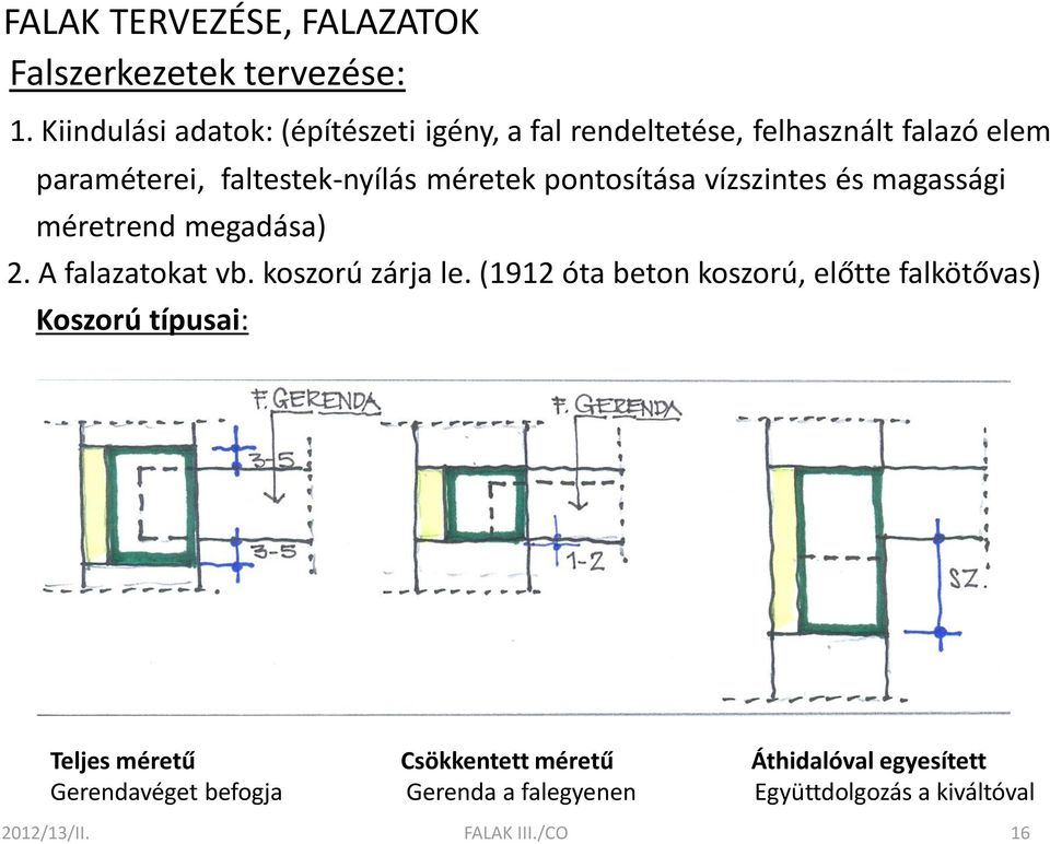 méretek pontosítása vízszintes és magassági méretrend megadása) 2. A falazatokat vb. koszorú zárja le.