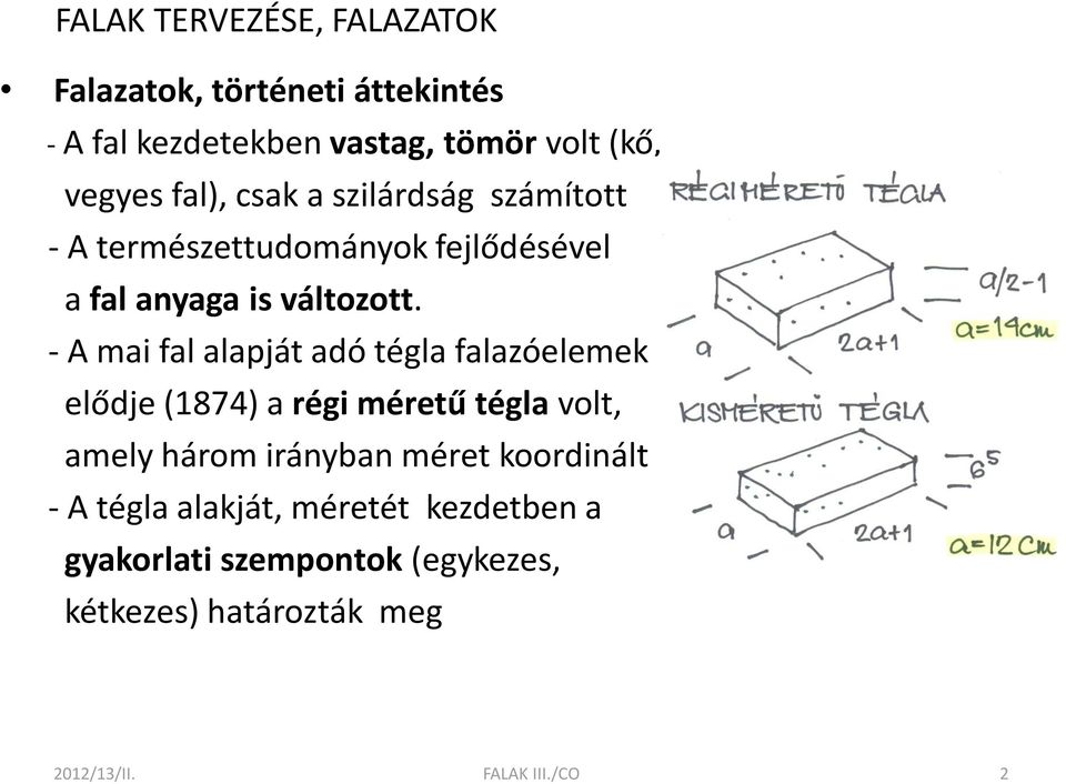 - A mai fal alapját adó tégla falazóelemek elődje (1874) a régi méretű tégla volt, amely három irányban