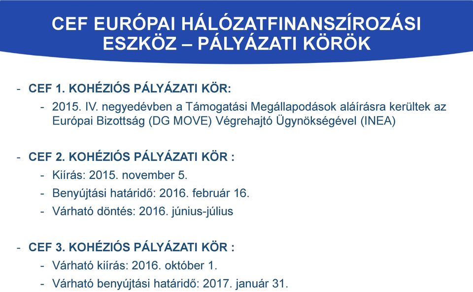 (INEA) - CEF 2. KOHÉZIÓS PÁLYÁZATI KÖR : - Kiírás: 2015. november 5. - Benyújtási határidő: 2016. február 16.