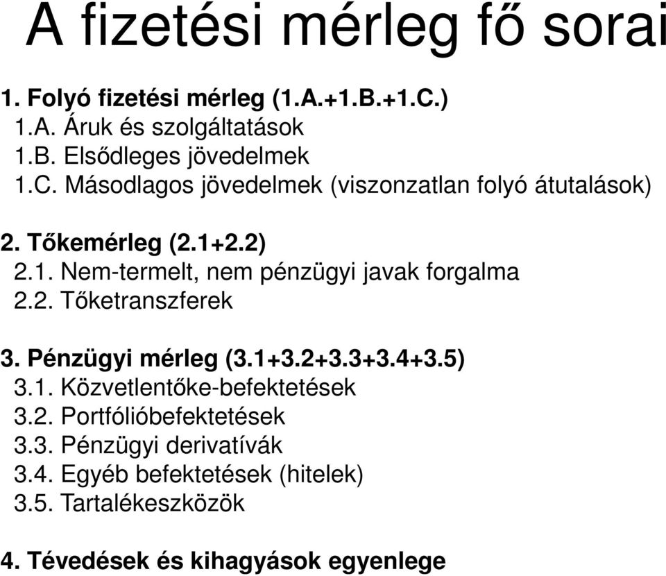 2. Tőketranszferek 3. Pénzügyi mérleg (3.1+3.2+3.3+3.4+3.5) 3.1. Közvetlentőke-befektetések 3.2. Portfólióbefektetések 3.3. Pénzügyi derivatívák 3.