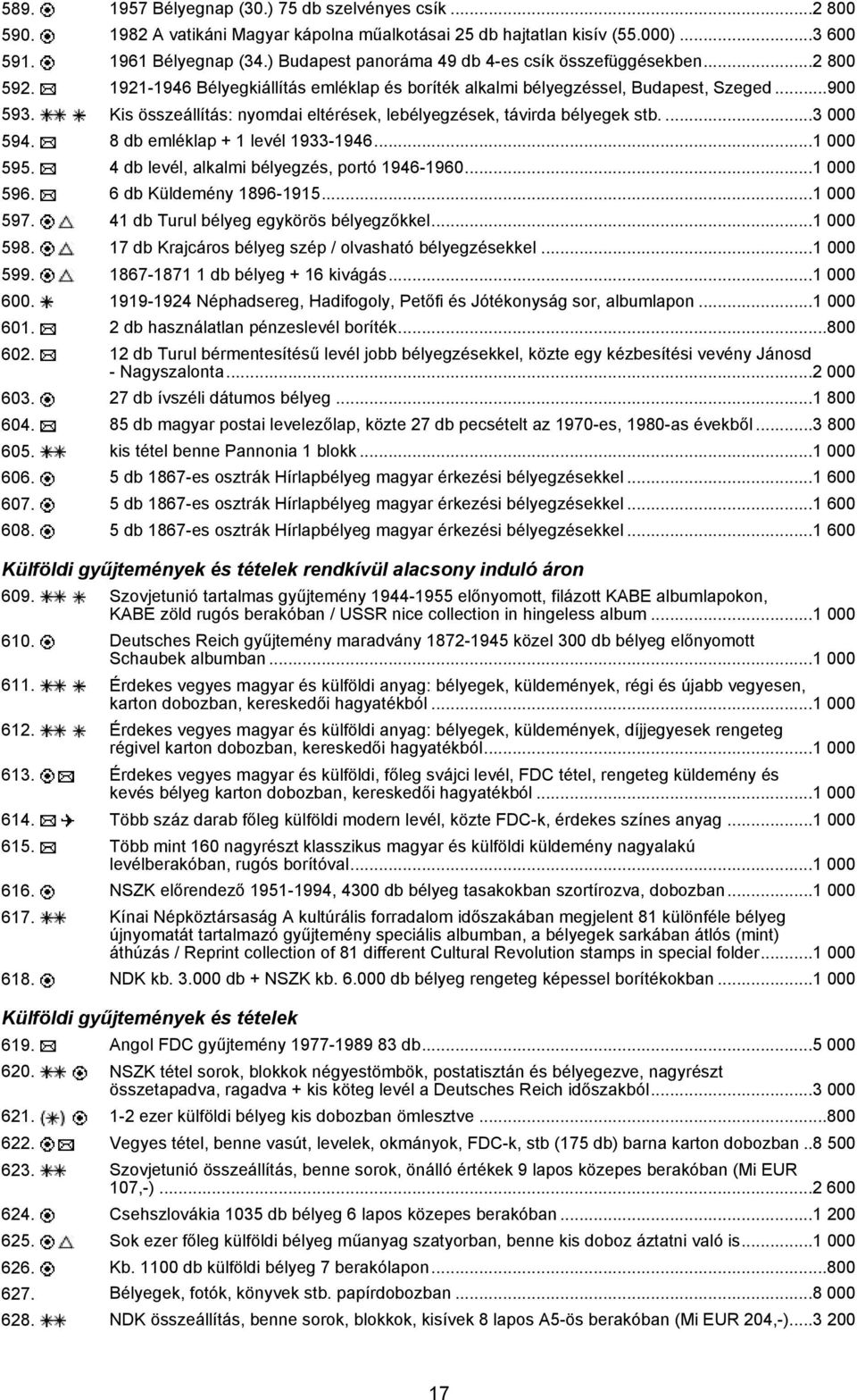 Kis összeállítás: nyomdai eltérések, lebélyegzések, távirda bélyegek stb....3 000 594. 8 db emléklap + 1 levél 1933-1946...1 000 595. 4 db levél, alkalmi bélyegzés, portó 1946-1960...1 000 596.