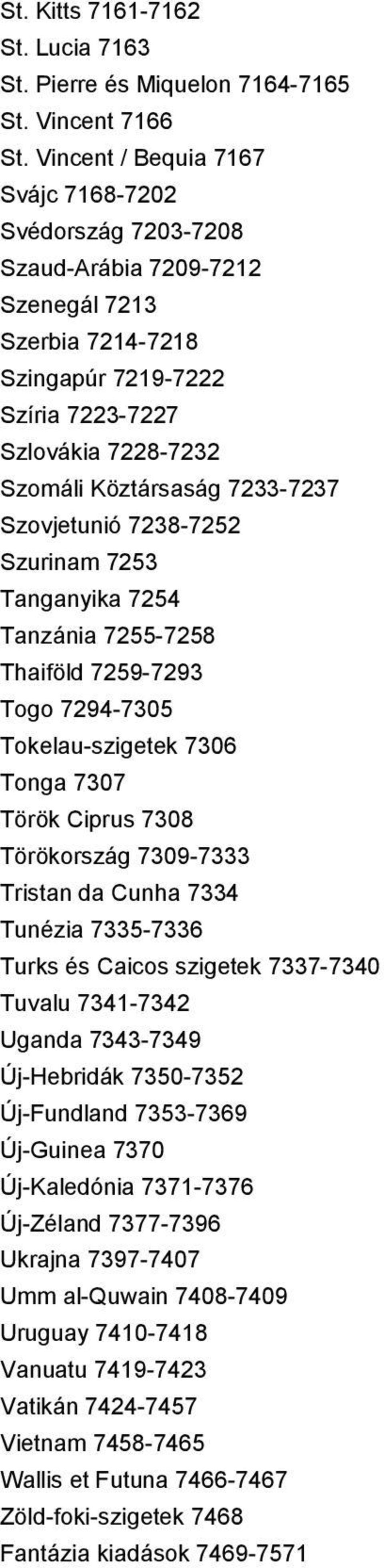 7233-7237 Szovjetunió 7238-7252 Szurinam 7253 Tanganyika 7254 Tanzánia 7255-7258 Thaiföld 7259-7293 Togo 7294-7305 Tokelau-szigetek 7306 Tonga 7307 Török Ciprus 7308 Törökország 7309-7333 Tristan da