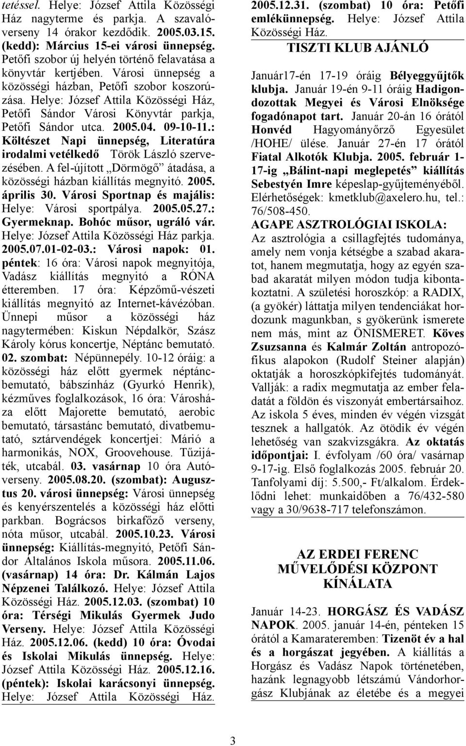 Helye: József Attila Közösségi Ház, Petőfi Sándor Városi Könyvtár parkja, Petőfi Sándor utca. 2005.04. 09-10-11.: Költészet Napi ünnepség, Literatúra irodalmi vetélkedő Török László szervezésében.