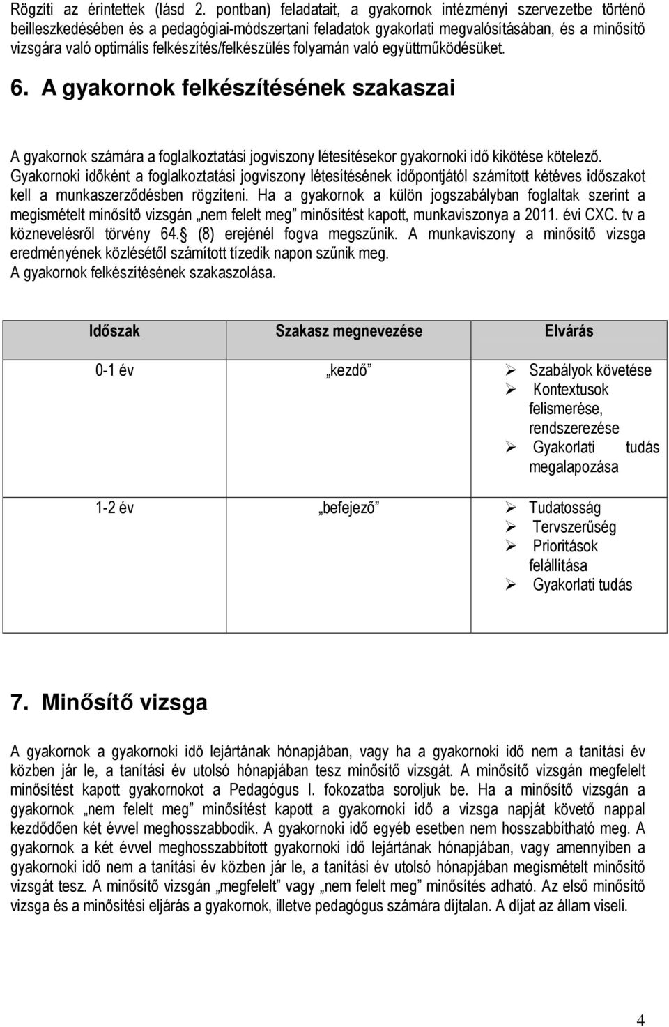 felkészítés/felkészülés folyamán való együttműködésüket. 6. A gyakornok felkészítésének szakaszai A gyakornok számára a foglalkoztatási jogviszony létesítésekor gyakornoki idő kikötése kötelező.