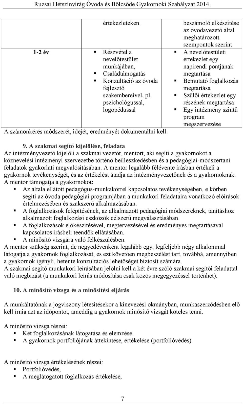 beszámoló elkészítése az óvodavezető által meghatározott szempontok szerint A nevelőtestületi értekezlet egy napirendi pontjának megtartása Bemutató foglalkozás megtartása Szülői értekezlet egy