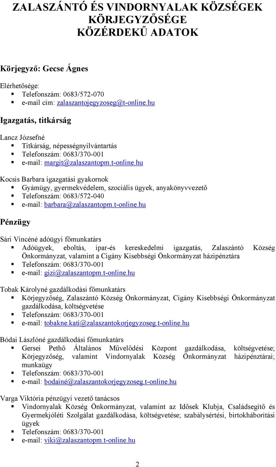 hu Kocsis Barbara igazgatási gyakornok Gyámügy, gyermekvédelem, szociális ügyek, anyakönyvvezető Telefonszám: 0683/572-040 e-mail: barbara@zalaszantopm.t-online.