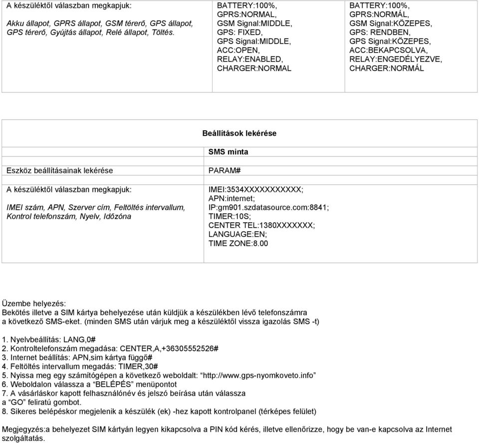 ACC:BEKAPCSOLVA, RELAY:ENGEDÉLYEZVE, CHARGER:NORMÁL Eszköz beállításainak lekérése A készüléktől válaszban megkapjuk: IMEI szám, APN, Szerver cím, Feltöltés intervallum, Kontrol telefonszám, Nyelv,