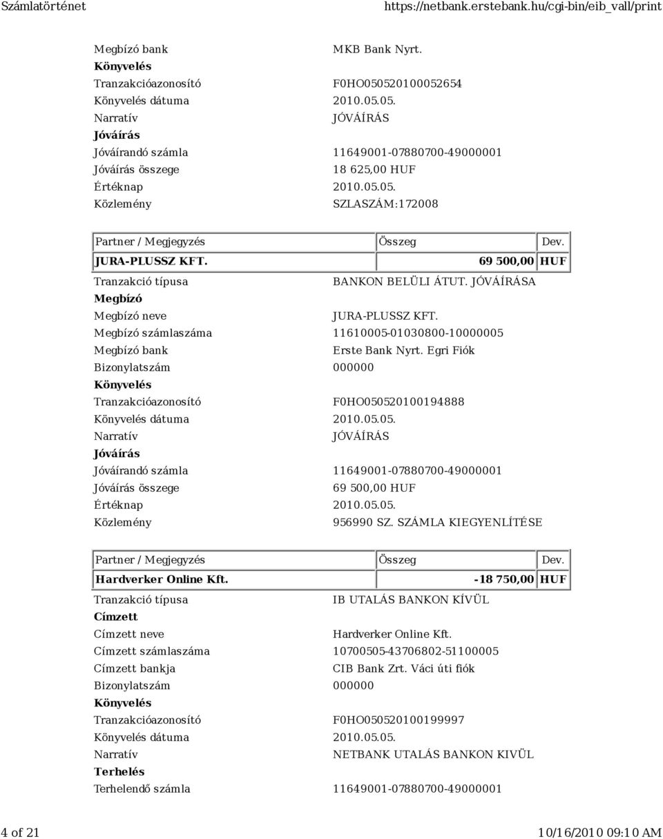 05.05. 956990 SZ. SZÁMLA KIEGYENLÍTÉSE Hardverker Online Kft. -18 750,00 HUF IB UTALÁS BANKON KÍVÜL Címzett Címzett neve Hardverker Online Kft.