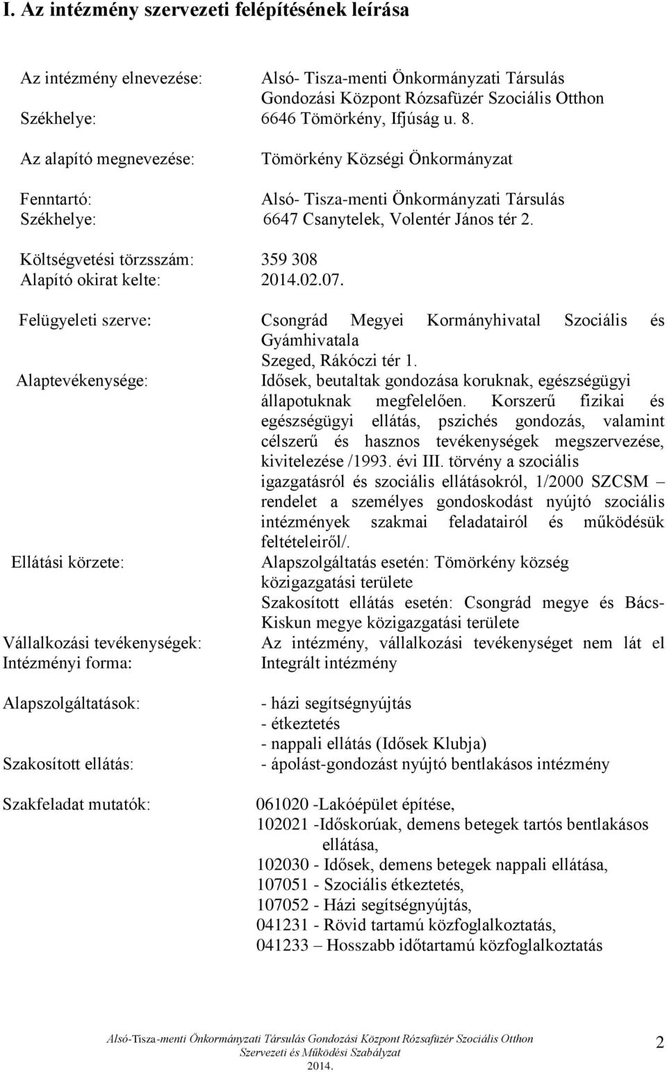 Költségvetési törzsszám: 359 308 Alapító okirat kelte: 02.07. Felügyeleti szerve: Csongrád Megyei Kormányhivatal Szociális és Gyámhivatala Szeged, Rákóczi tér 1.